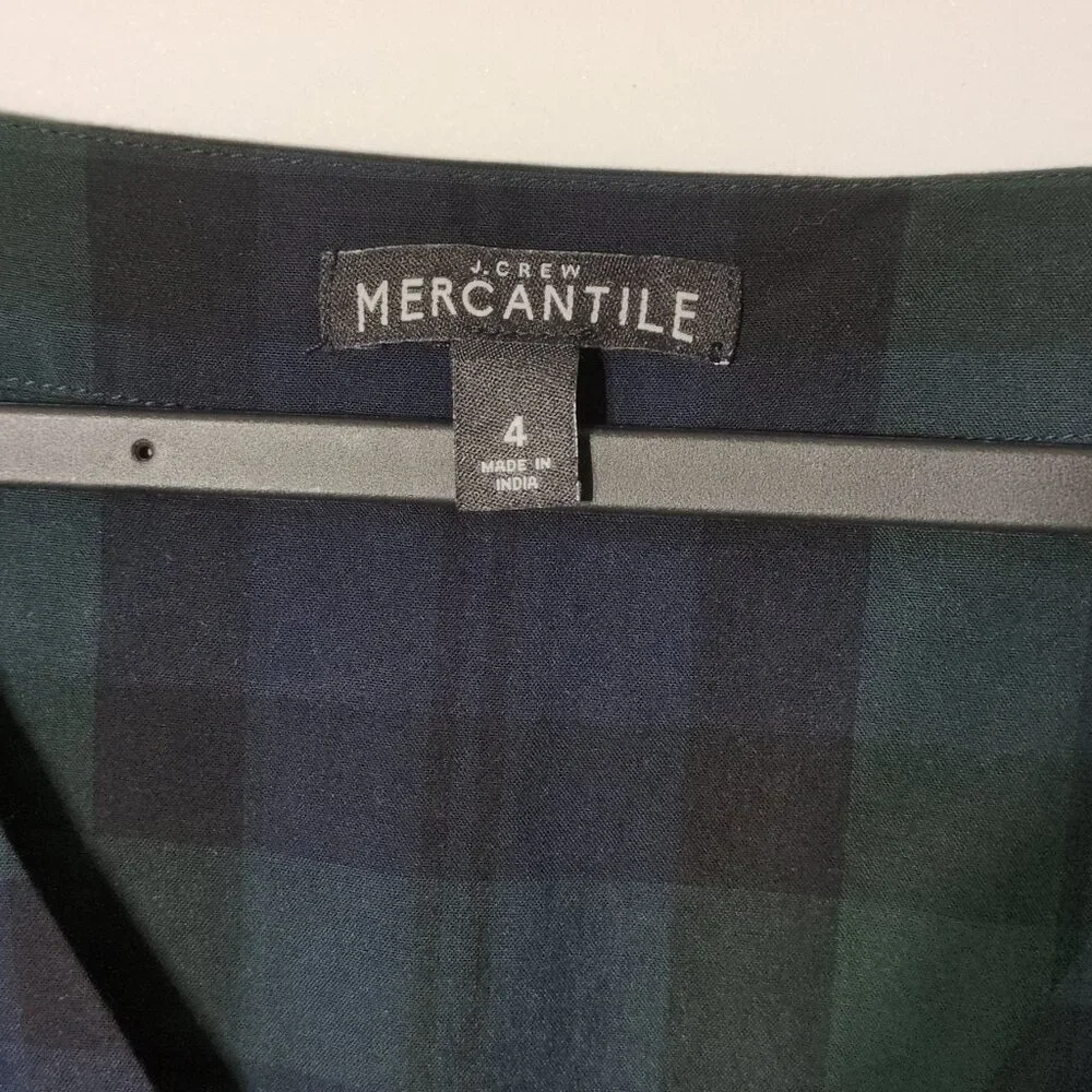 J Crew Mercantile Womens Sz 4 Faux Wrap Blouse Green Plaid Long Sleeve Viscose - Picture 3 of 7